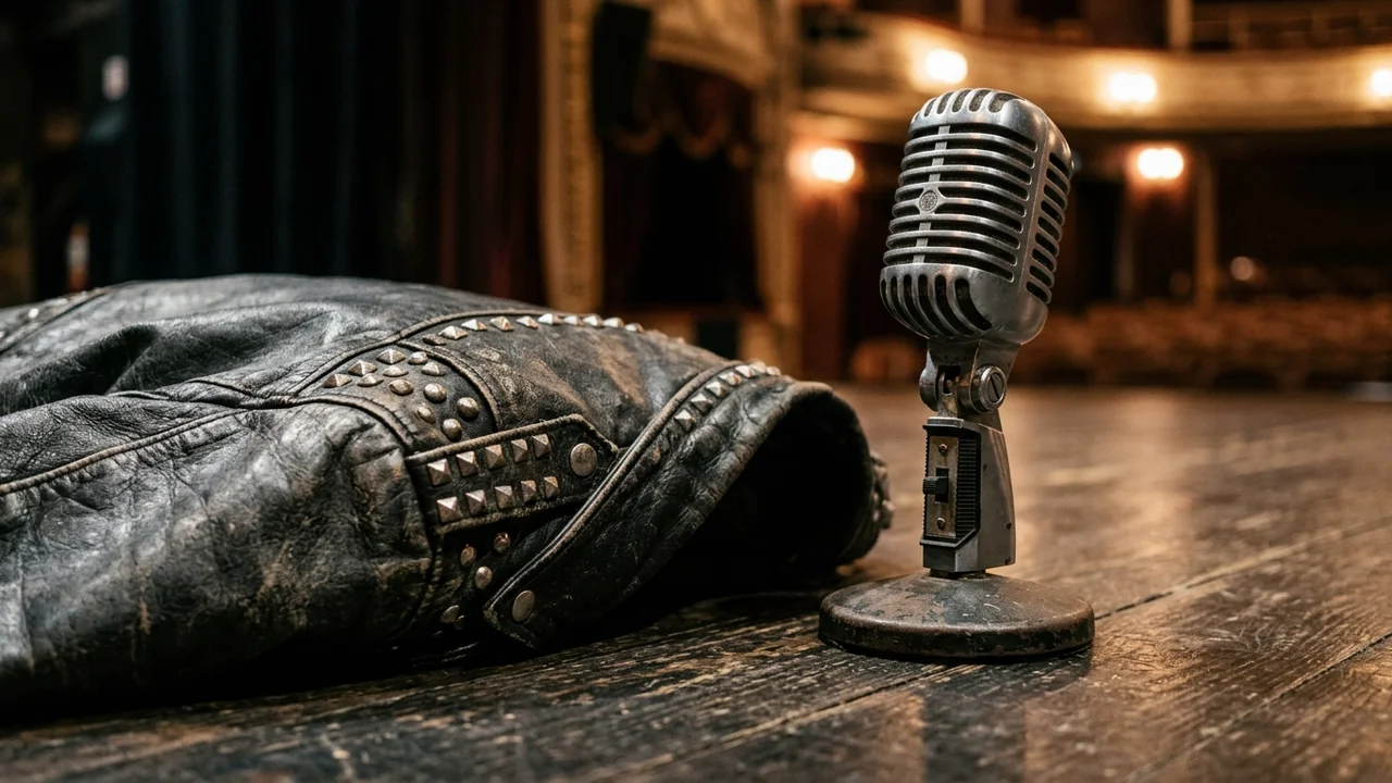 A vintage metal microphone stands on a wooden theater stage beside a studded leather jacket.