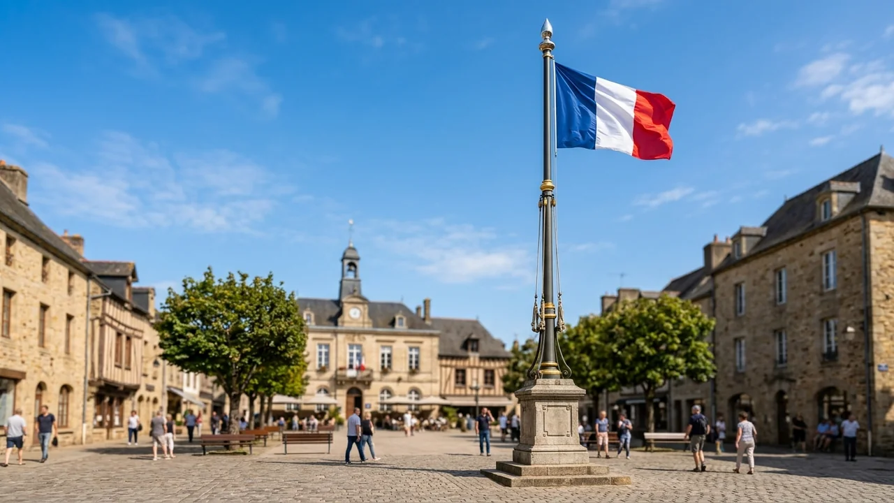 The French flag waves atop a stone monument in a historic European town square.