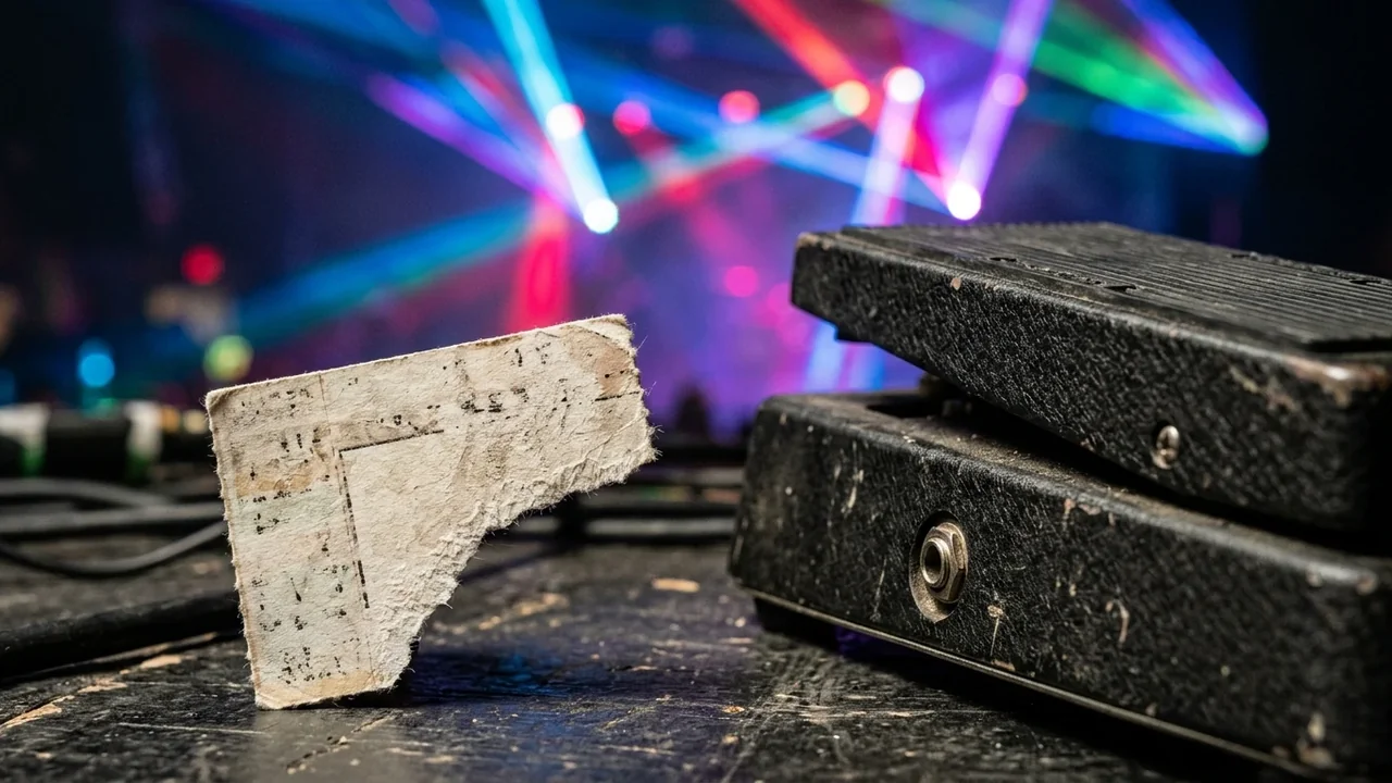A torn ticket stub stands near a worn black guitar pedal on stage.