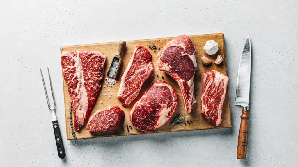 A sharp professional kitchen knife placed next to various raw meat cuts on wood.