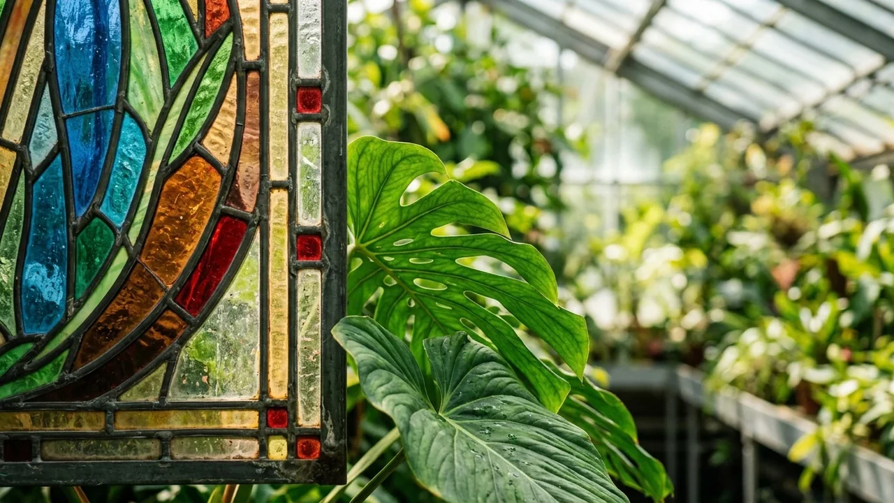 A colorful stained glass window pane standing beside lush green Monstera leaves in a greenhouse.