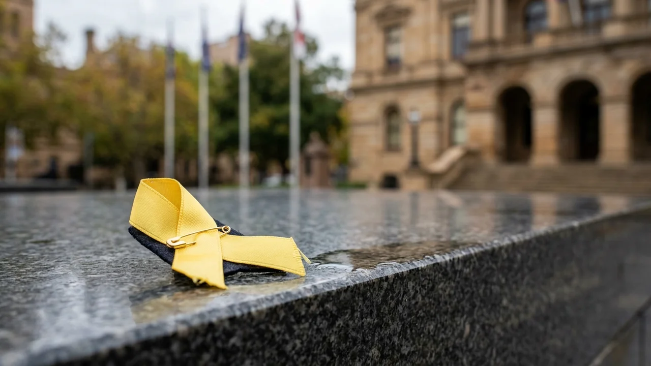 A yellow awareness ribbon pinned to a dark fabric piece on a marble surface.