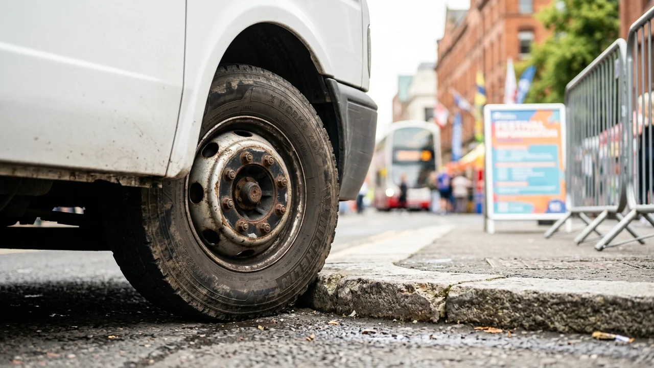 Close-up of a white commercial van tire parked beside a city curb.