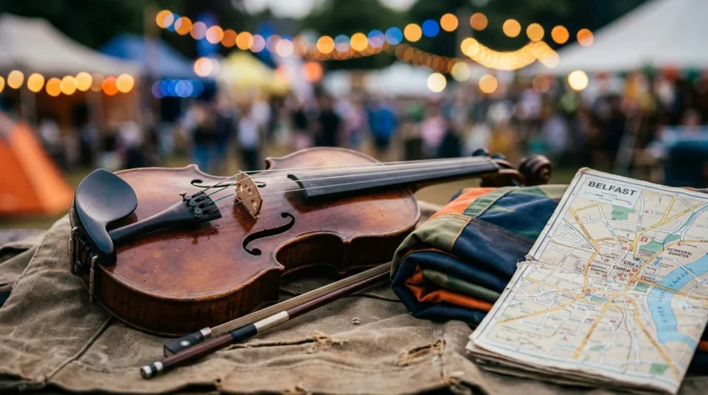 A wooden violin and bow resting on a fabric surface beside a Belfast city map.