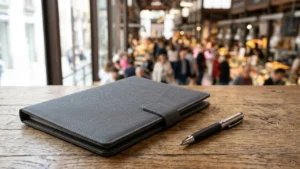 A grey fabric notebook and a silver pen on a wooden surface indoors.