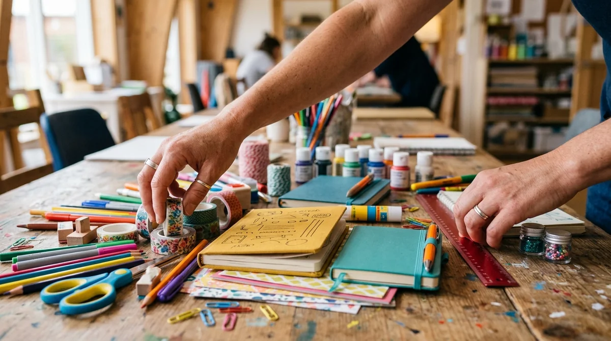 Close-up of hands arranging colorful washi tape and craft supplies on a wooden desk.