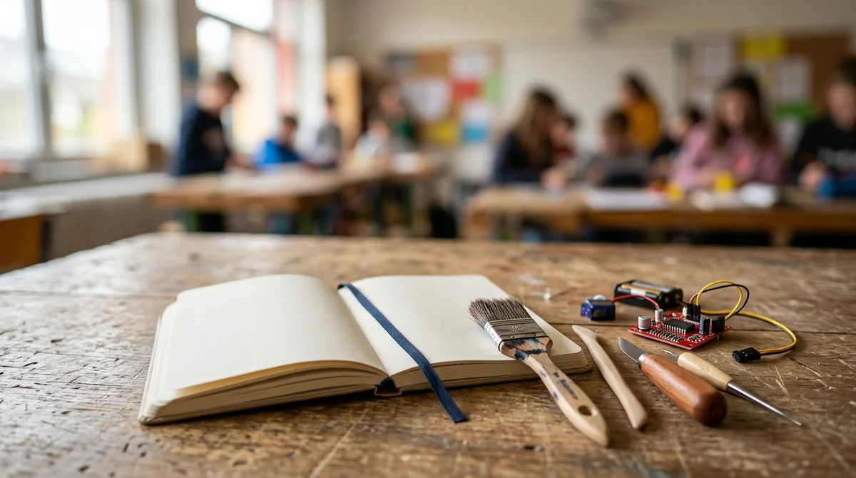 An open notebook, paintbrush, and electronic circuit board sit on a wooden classroom desk.