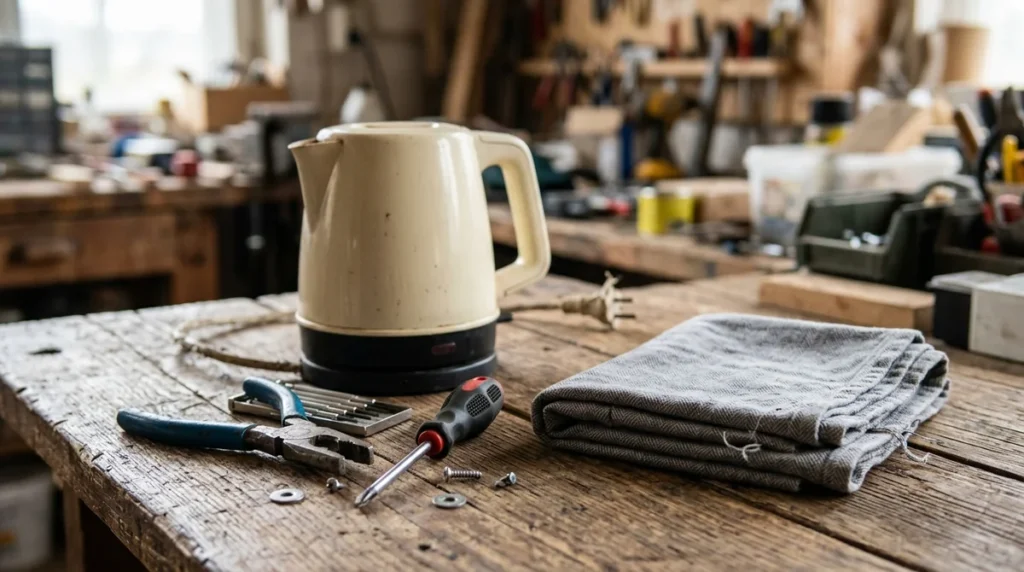 An old electric kettle sits on a wooden workbench surrounded by scattered repair tools.