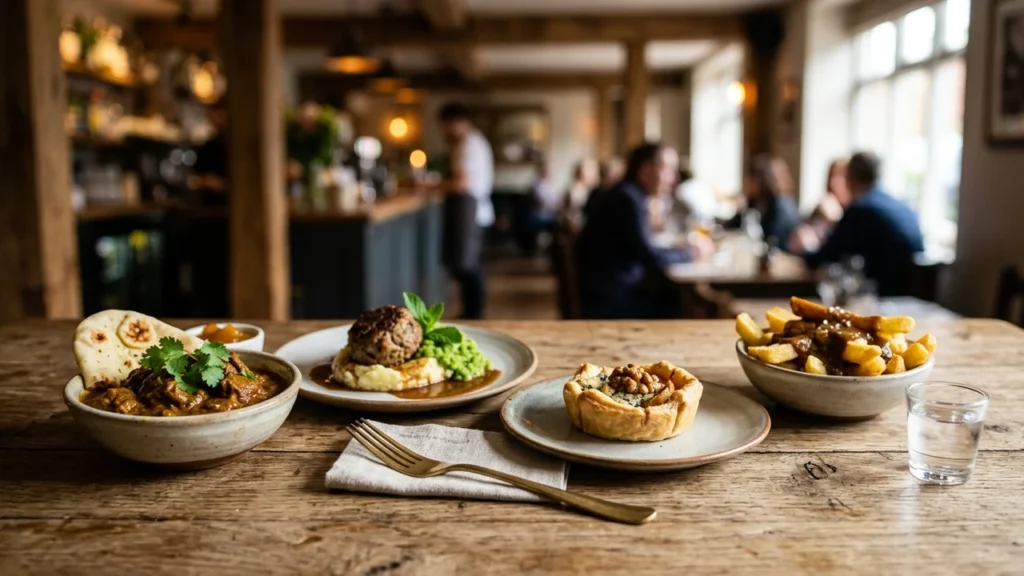 A rustic wooden table holding bowls of curry, mashed potatoes, pastry, and chips.