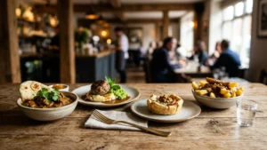 A rustic wooden table holding bowls of curry, mashed potatoes, pastry, and chips.