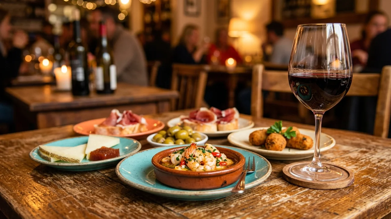 A rustic wooden table filled with various tapas plates and a glass of red wine.