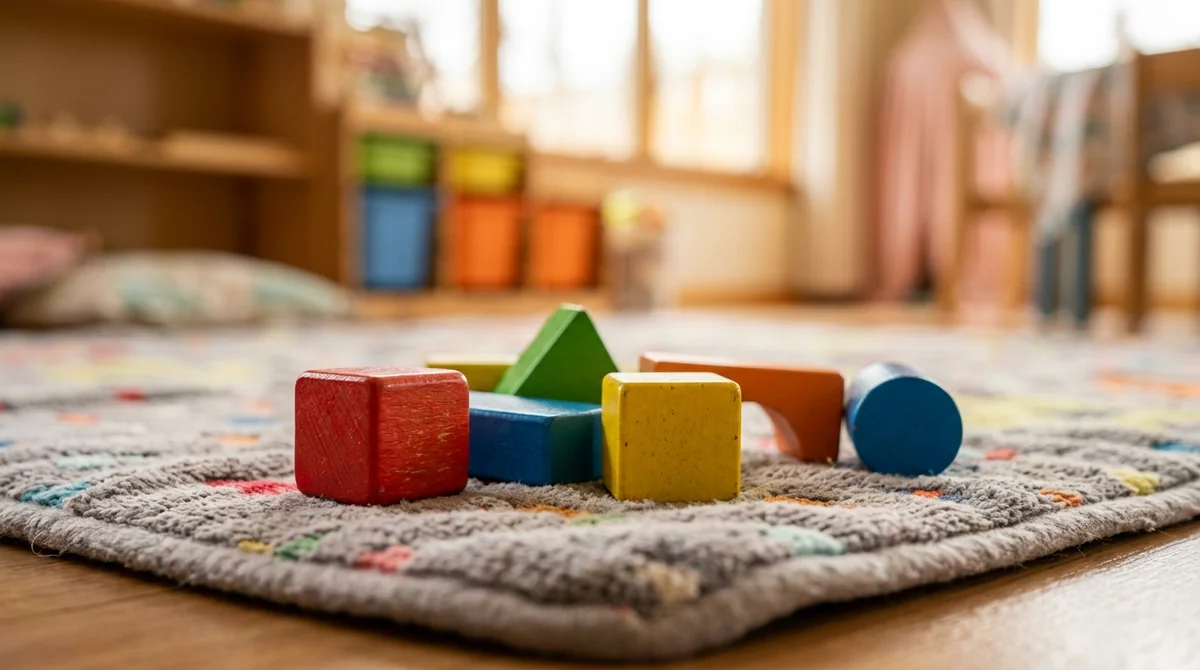 Colorful wooden building blocks arranged on a soft patterned rug in a classroom.