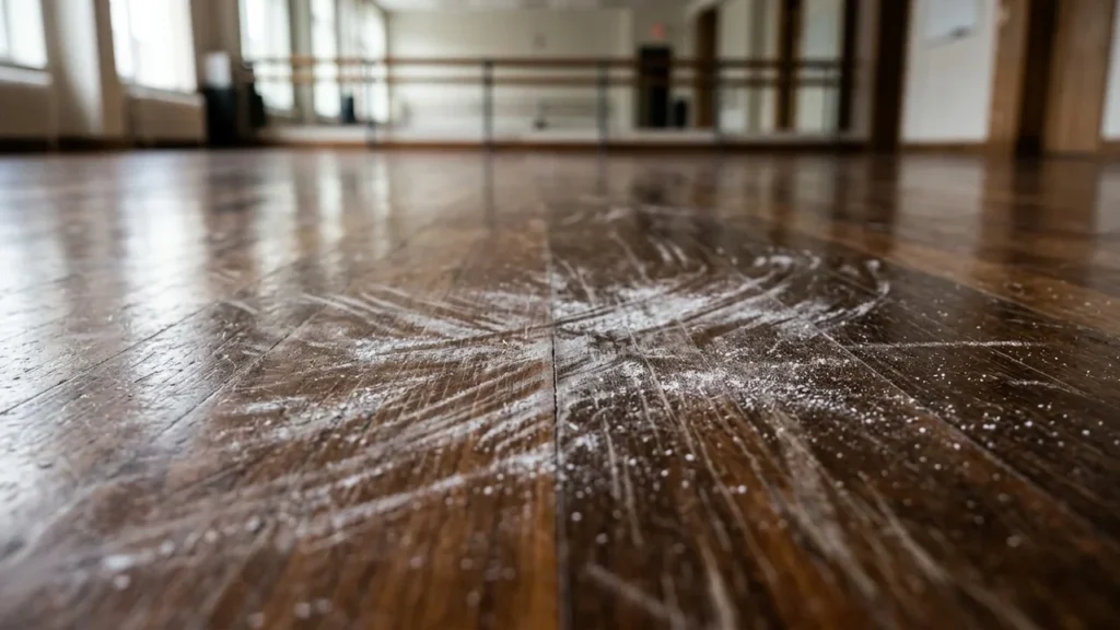 Close-up of white resin powder scattered across a dark wooden dance studio floor.