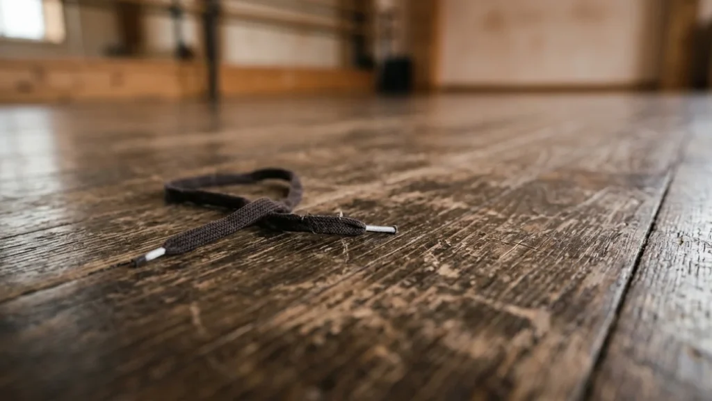 A single dark brown shoelace lies on a polished wooden dance studio floor.