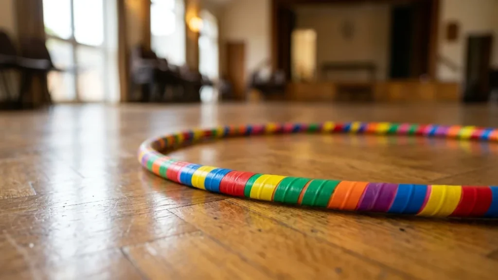 A multicolored plastic hula hoop lying on a polished wooden floor in a hall.