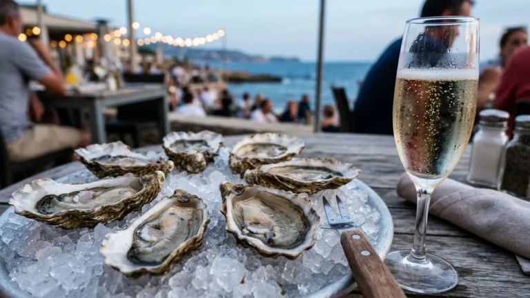 A platter of fresh oysters on ice beside a glass of sparkling wine outdoors.