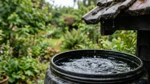 Rainwater drips from a mossy roof into a large black plastic collection barrel.