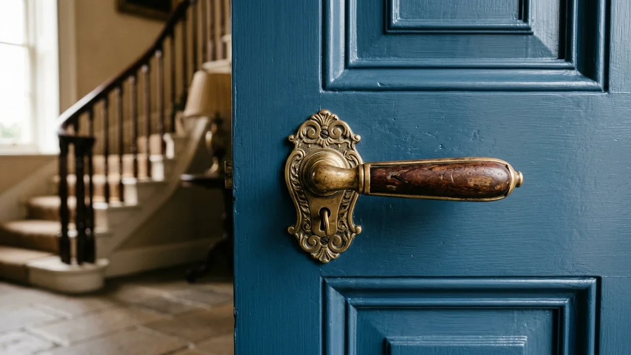 Close-up of an ornate brass door handle on a deep blue panelled door.