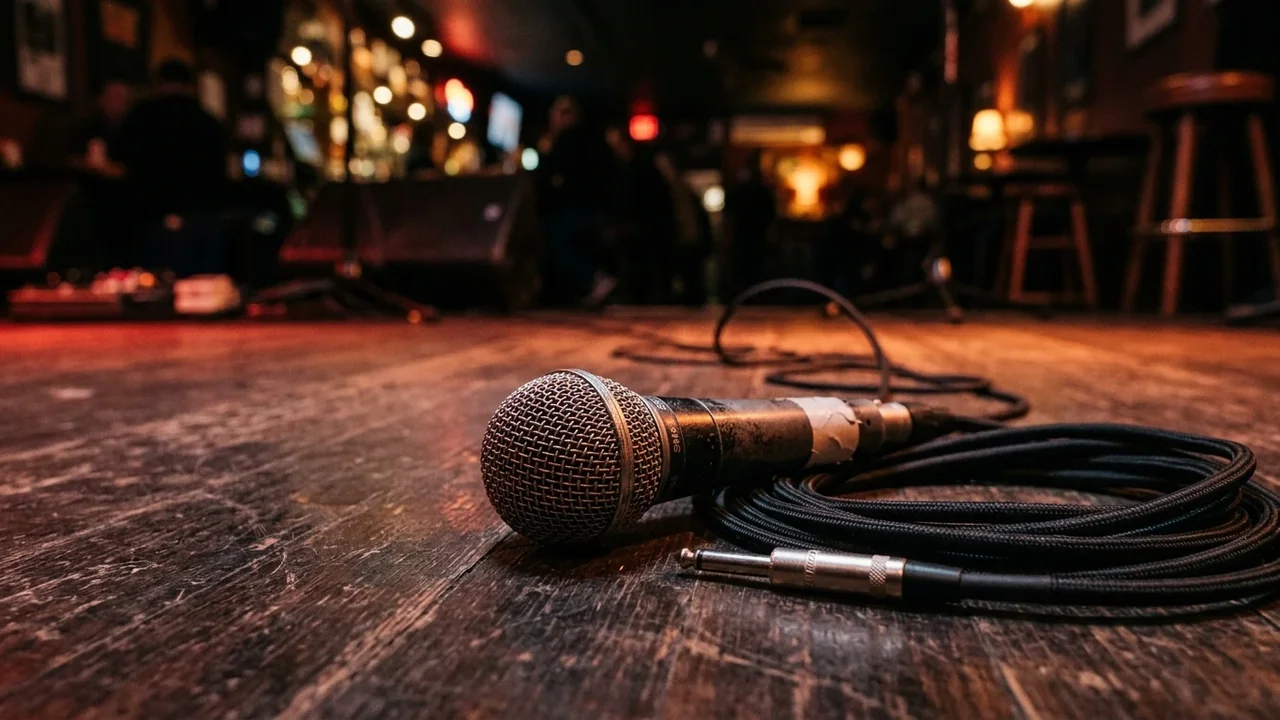A microphone and its cable lie on a wooden stage in a dimly lit bar.
