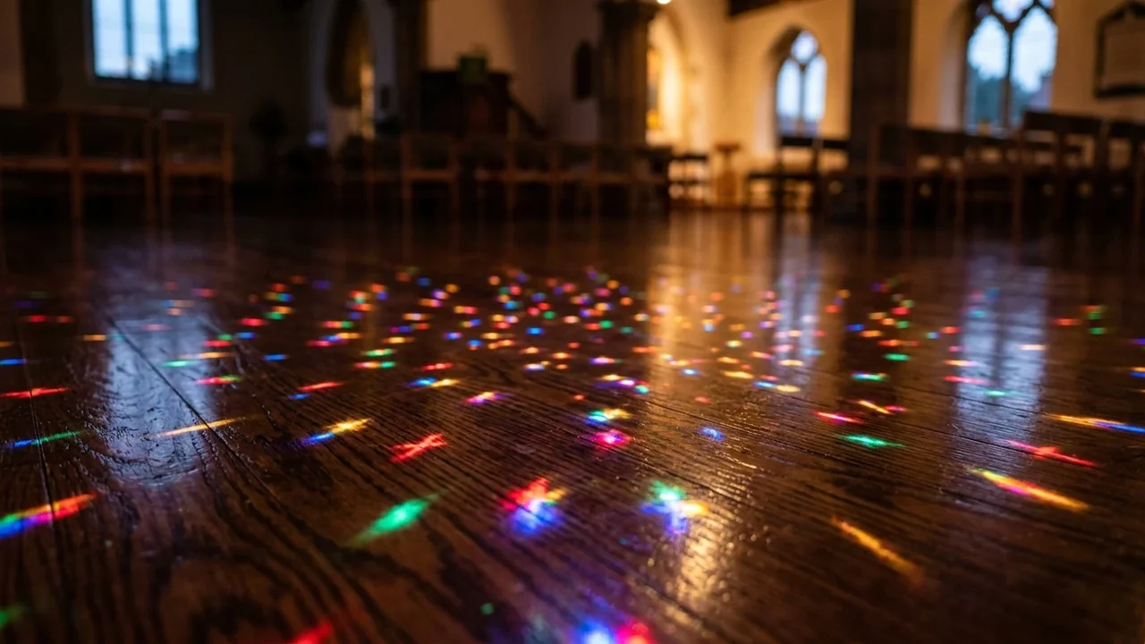 Colorful light reflections from stained glass scattered across a dark wooden church floor.