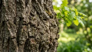 Close-up of rough, weathered tree bark with vibrant green leaves sprouting on the side.