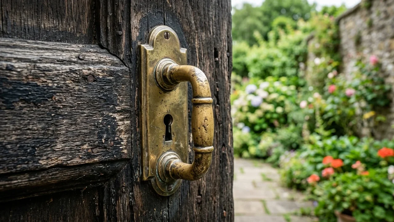 A close-up view of a rustic brass door handle on a weathered wooden door.