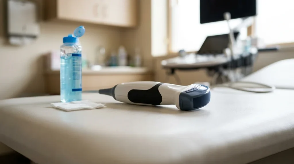 An ultrasound probe and blue gel bottle sit on a white clinical examination table.