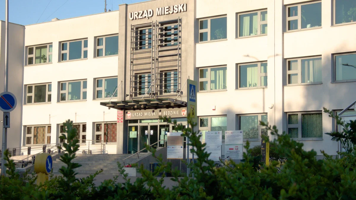 Front view of a municipal administrative building representing local government service facilities.