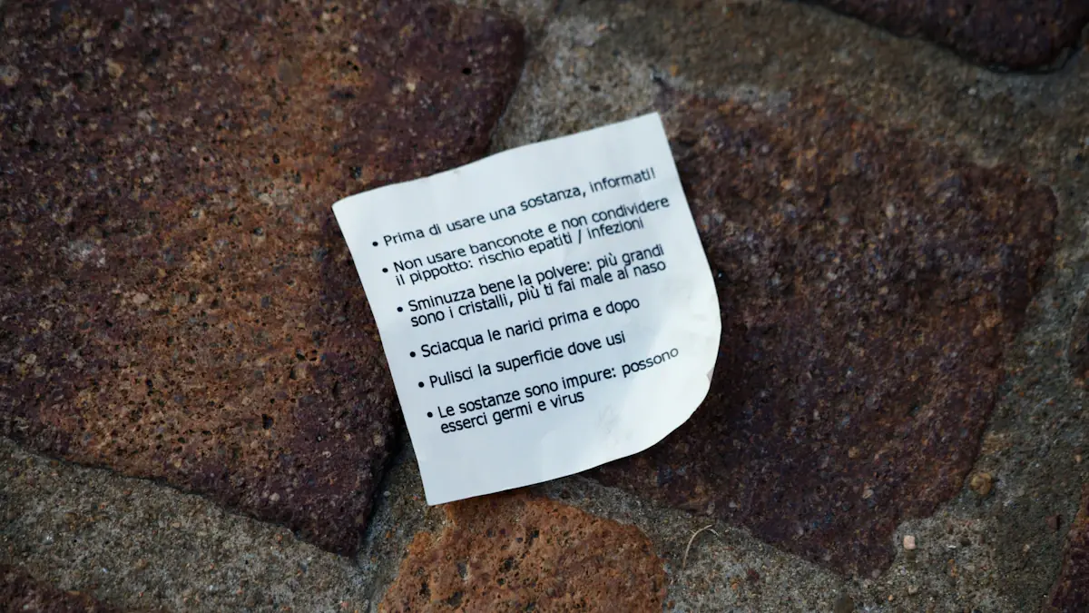 A close up of a printed note resting on a stone surface.
