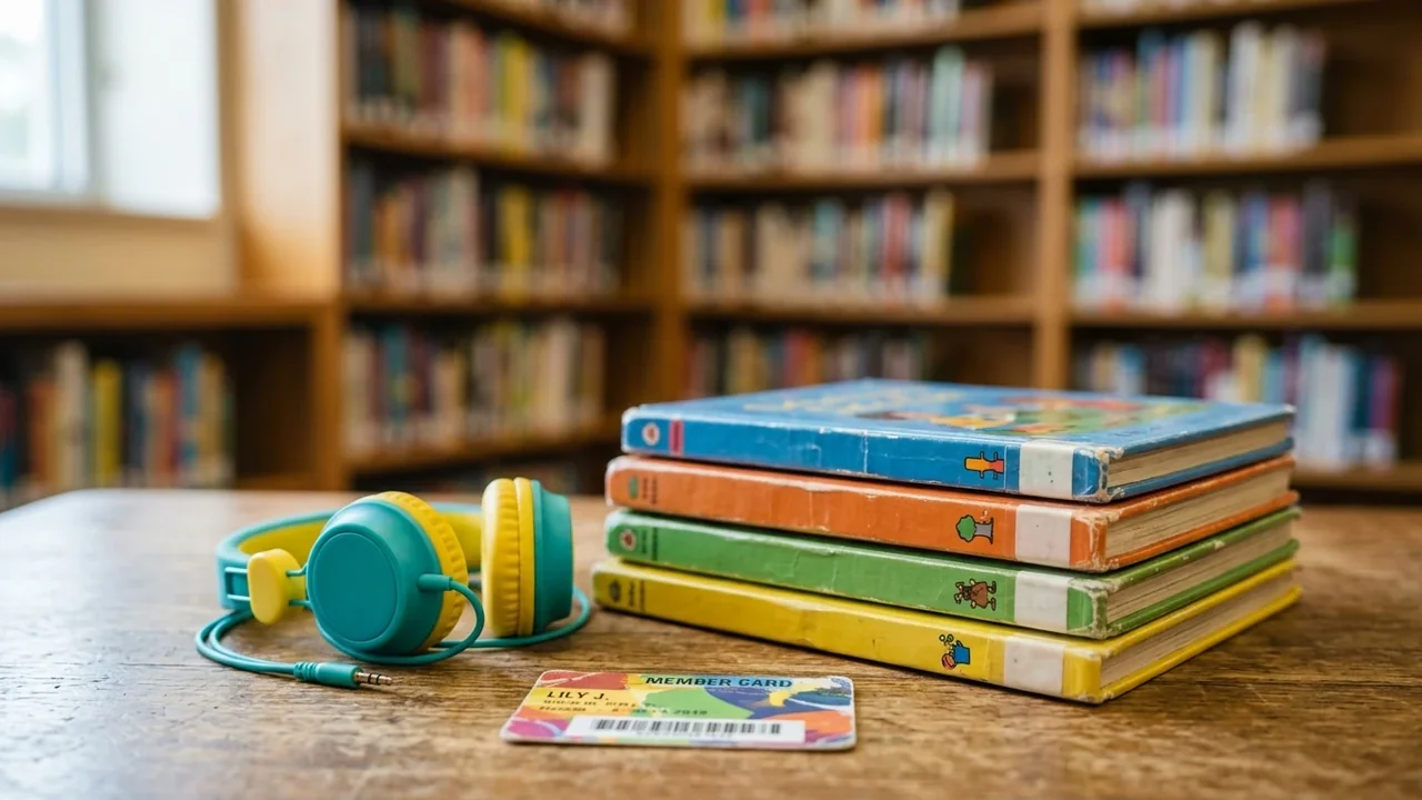 A stack of colorful children's books, headphones, and a library card on wood.