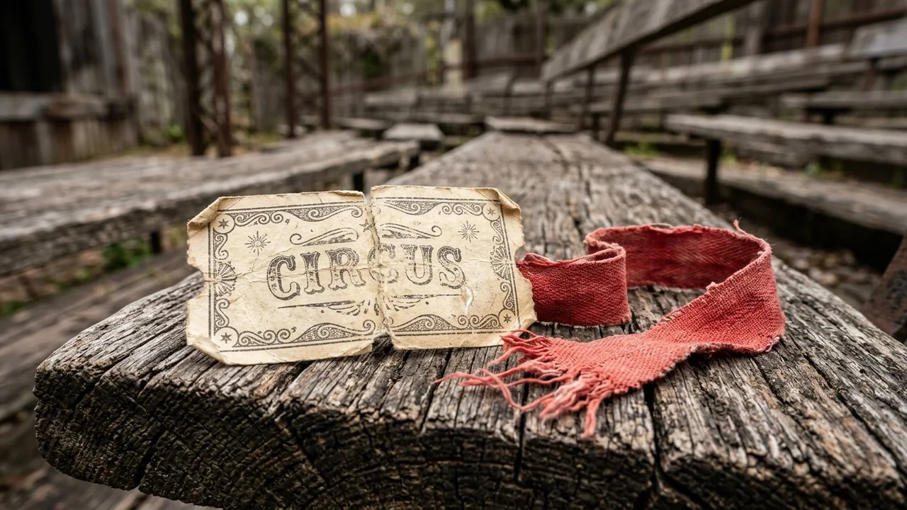 An old, torn circus ticket and a red fabric scrap on rustic wooden benches.
