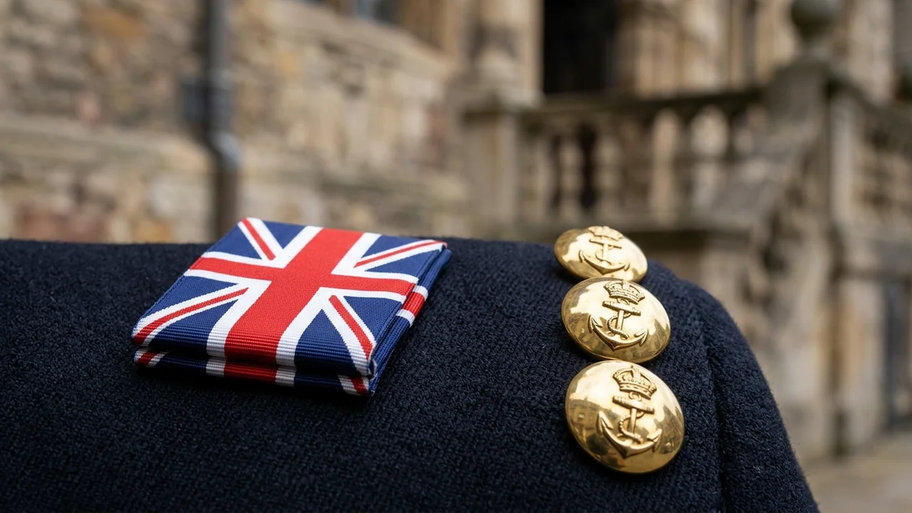 Close up of a dark naval uniform featuring a Union Jack ribbon and gold buttons.