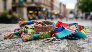 Colorful woven fabric bracelets and a printed lanyard resting on a stone surface.