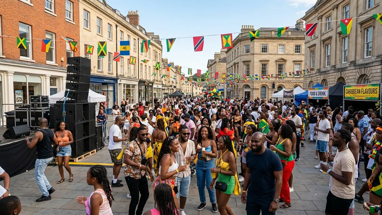A lively Caribbean carnival street festival featuring music speakers, food stalls, and festive flags.