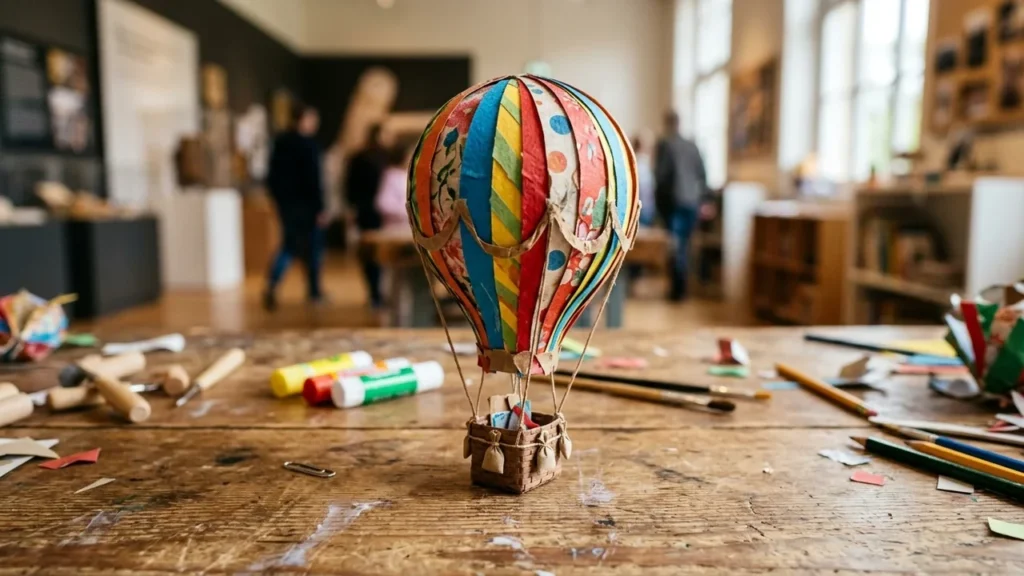 A miniature colorful paper hot air balloon sits on a cluttered wooden craft table.