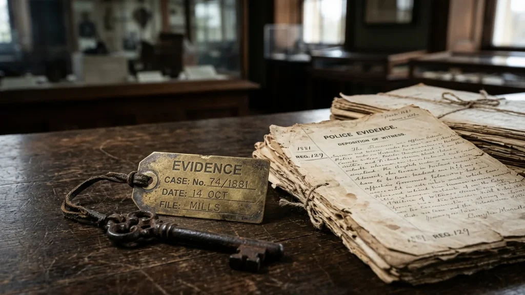 A brass evidence tag and old skeleton key resting on a stack of handwritten documents.
