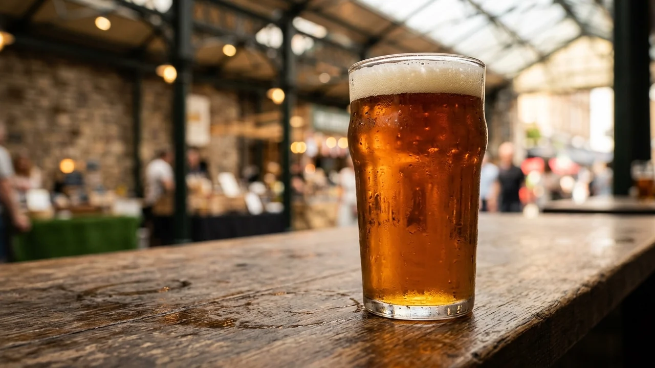 A cold, amber-colored glass of beer sits on a wooden bar in a market.