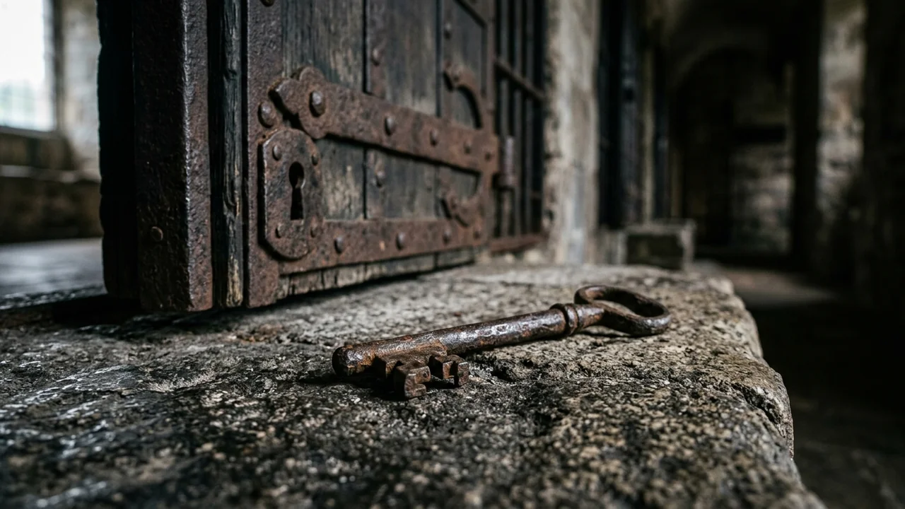 An old, rusted iron key rests on a stone ledge before a dark prison door.
