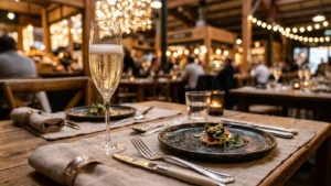 A sparkling glass of champagne sits on a rustic wooden table in a restaurant.