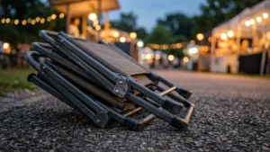 A folded metal camping chair sits on a gravel path during an evening event.