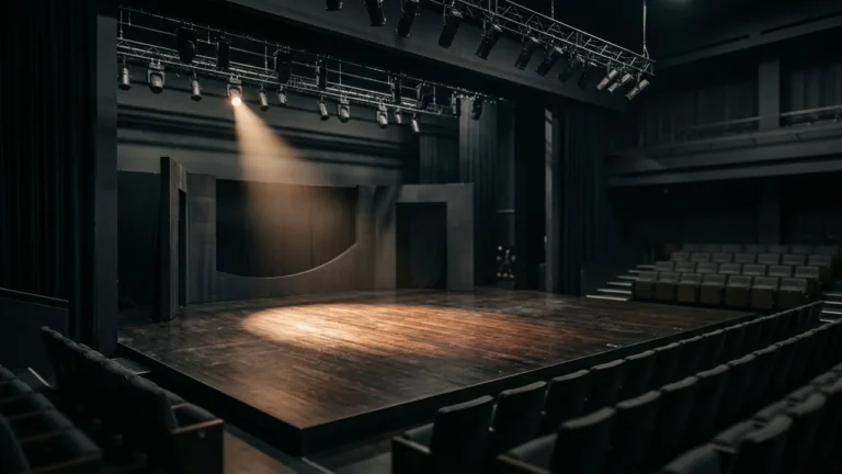 A wooden theater stage illuminated by a single warm spotlight amidst dark seating.