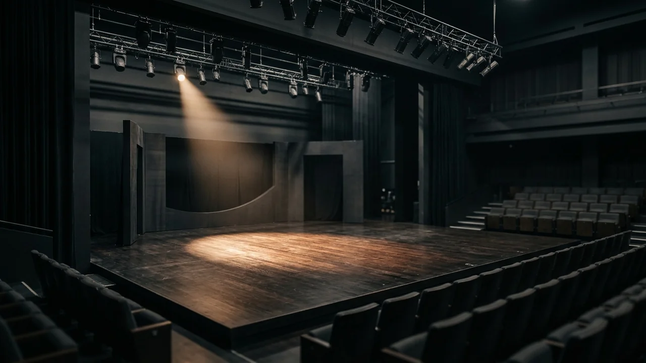A wooden theater stage illuminated by a single warm spotlight amidst dark seating.