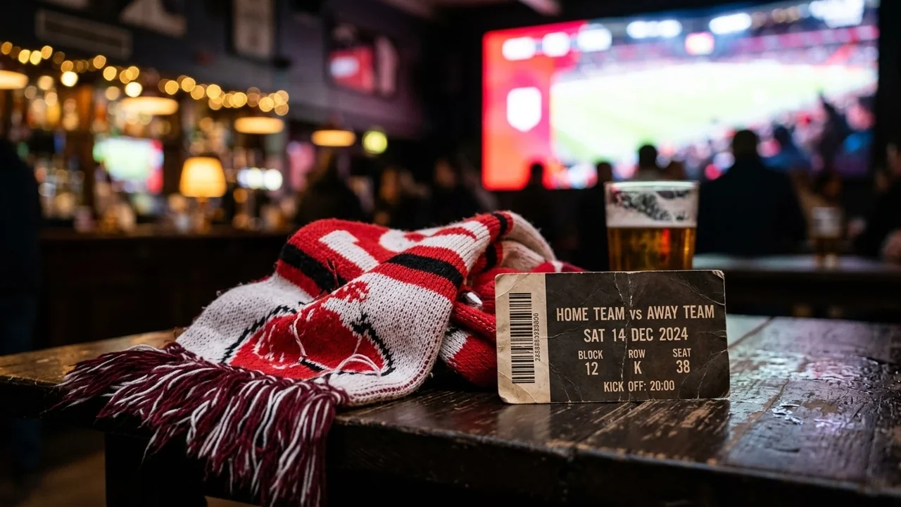 A red and white sports scarf and a match ticket sit on a wooden table.