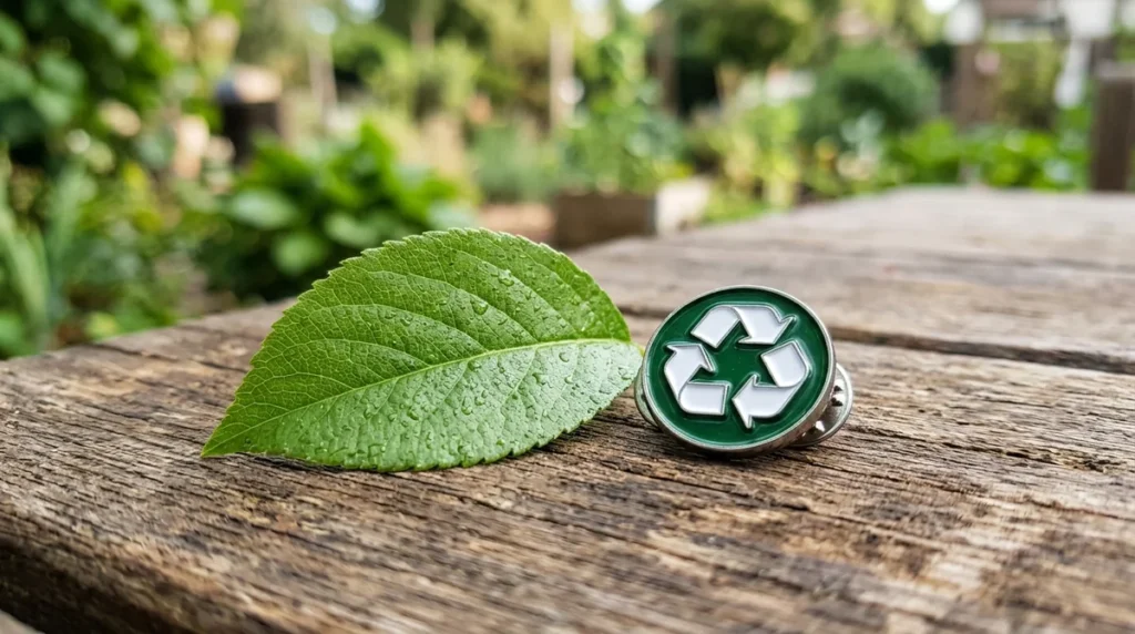 A green dew-covered leaf and a metallic recycling symbol pin on wooden planks.
