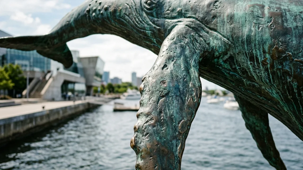 A weathered bronze whale statue positioned prominently overlooking a harbor with modern city buildings.