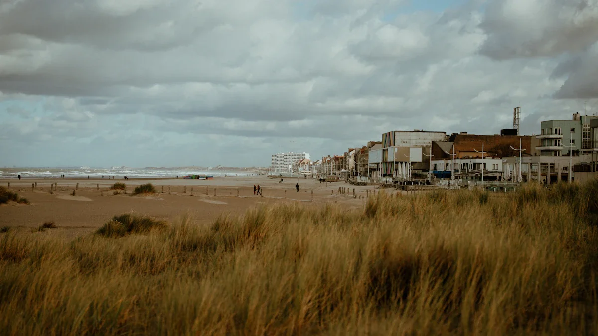 Expansive sandy beach with grassy dunes under a dramatic, moody, overcast British sky.