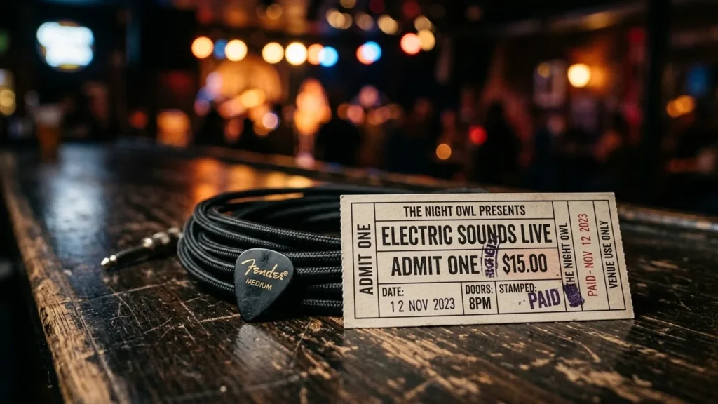 A concert ticket and guitar pick resting on a wooden bar stage background.