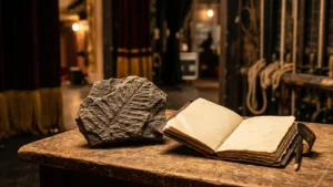A stone fern fossil rests beside an open vintage notebook on a wooden table.