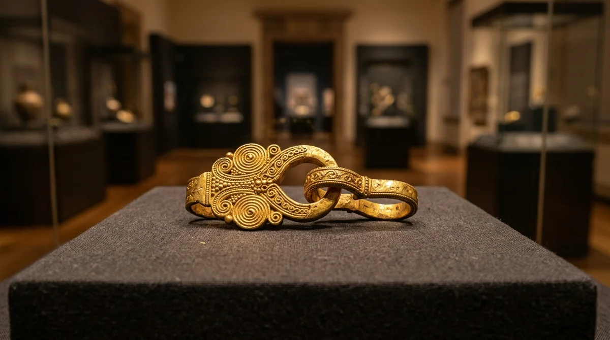 An ancient, intricately carved golden Celtic torc displayed on a pedestal in a museum.