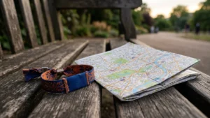 A folded city map and a woven fabric bracelet rest on a wooden park bench.